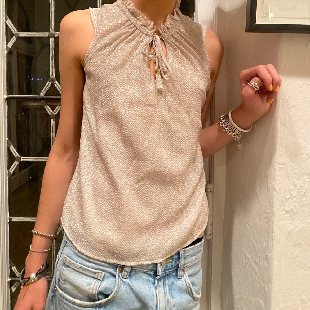 H&M Cream Sleeveless Blouse with Tie Front and Mandarin Collar